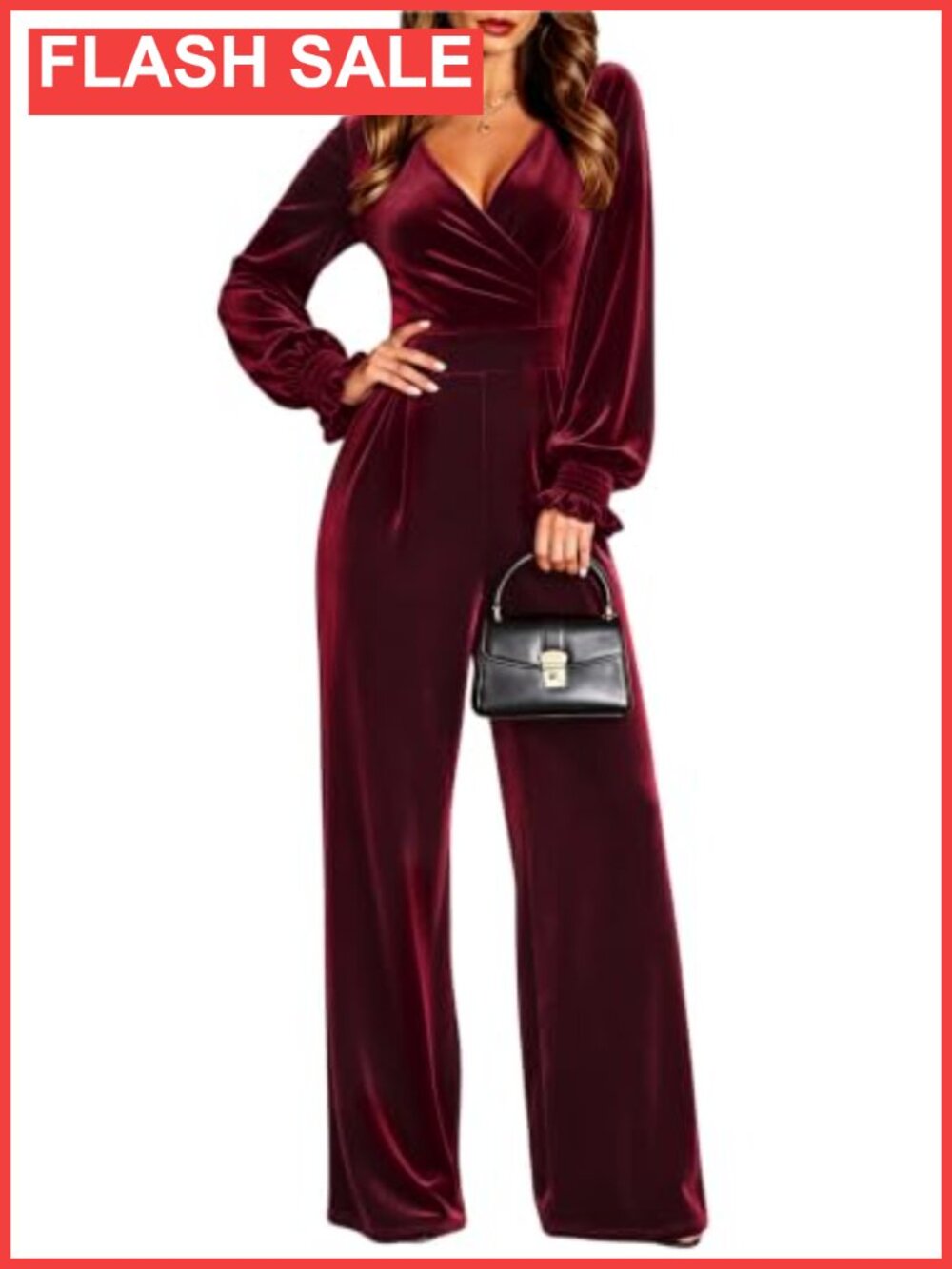 Velvet V-Neck Wide Leg Jumpsuit with Ruffle Cuffs & Pockets